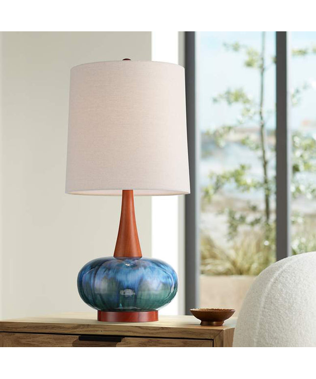 Andi 25" Modern Wood and Blue Ceramic Table Lamp