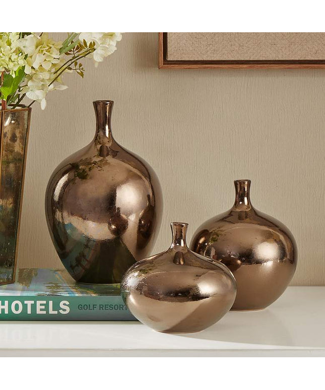Ansen Metallic Bronze Ceramic Decorative Vases Set of 3