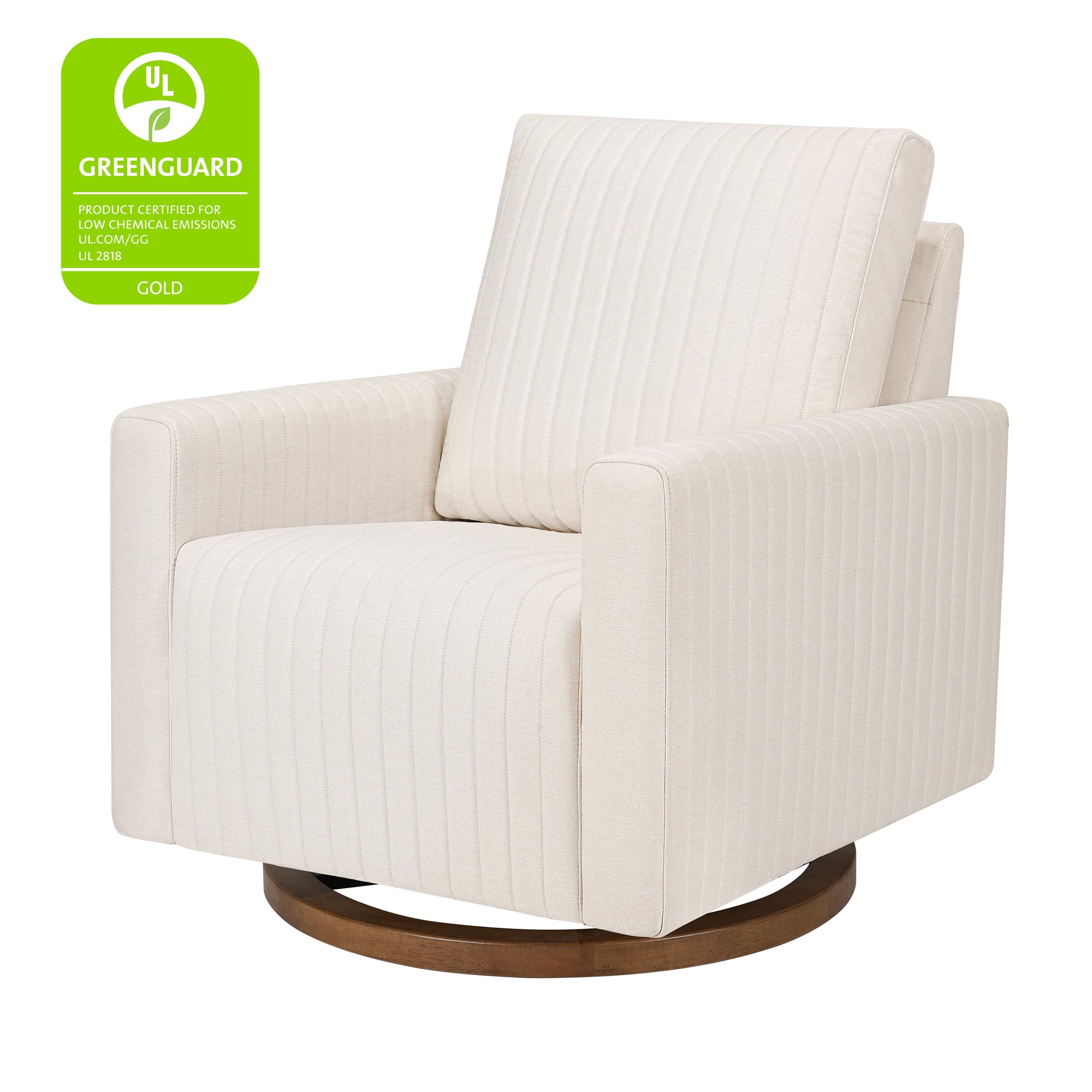 M26687PCMEWDB,Babyletto,Poe Channeled Swivel Glider in Performance Cream Eco-Weave w/ Dark Wood Base