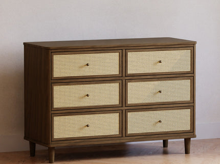 M23716NLBC,Namesake,Marin with Cane 6 Drawer Assembled Dresser in Natural Walnut and Blonde Cane