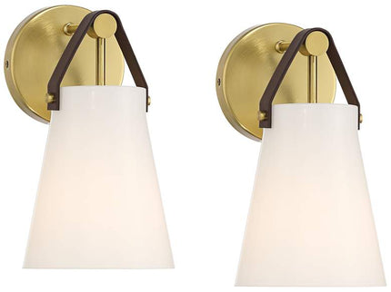 Ashley 10 1/2" High Antique Brass and Leather Wall Sconce Set of 2