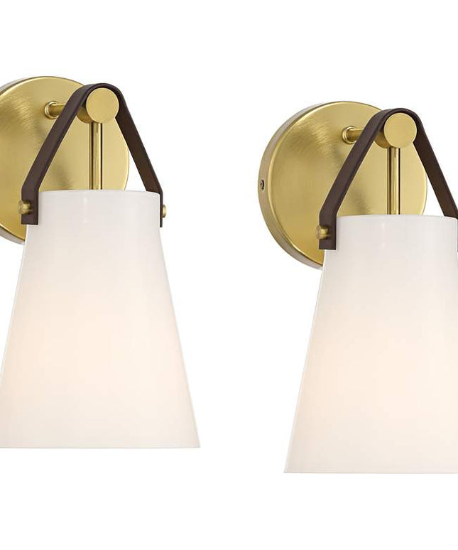 Ashley 10 1/2" High Antique Brass and Leather Wall Sconce Set of 2