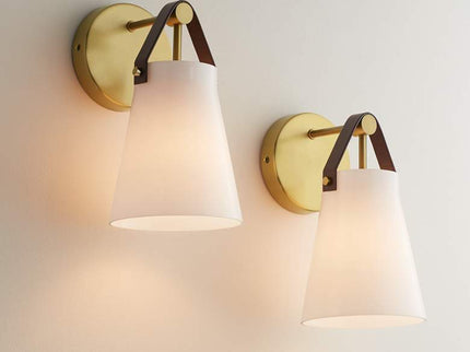 Ashley 10 1/2" High Antique Brass and Leather Wall Sconce Set of 2