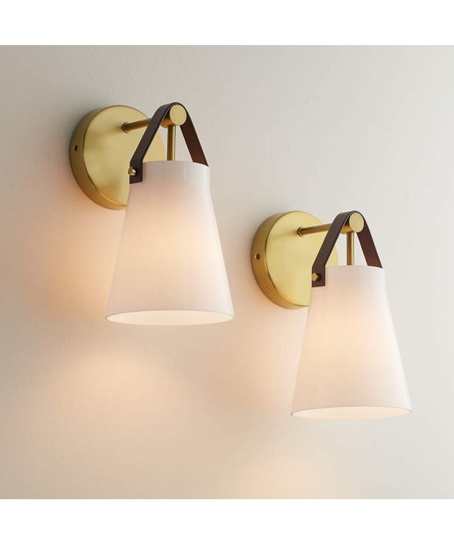 Ashley 10 1/2" High Antique Brass and Leather Wall Sconce Set of 2