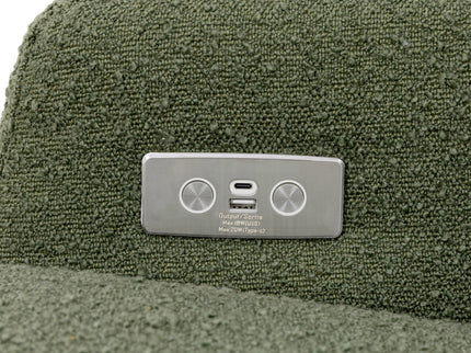 M22286OBLB,Namesake,Crewe Electronic Swivel Glider Recliner in Olive Boucle w/Light Wood Base