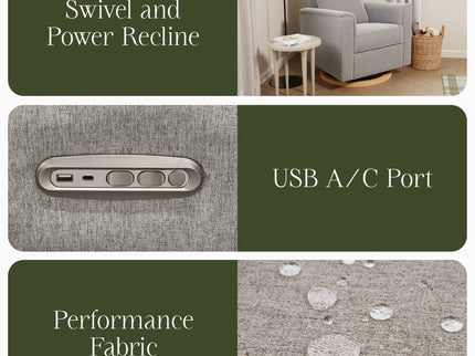 B17186PGEWLB,Monogram by Namesake,Willa Plus Power Glider Recliner w/ Power Headrest in Performance Grey Eco-Weave w/Light Wood Base