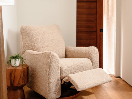 M24087CSGDB,Nursery Works,Sunday Power Recliner and Swivel Glider in Chai Shearling w/ Dark Wood Base
