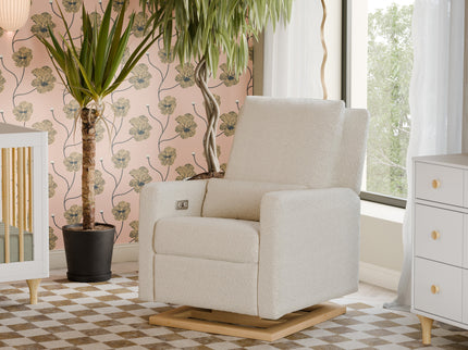 M23085WBLB,Babyletto,Sigi Glider Recliner w/ Electronic Control and USB in Ivory Boucle w/Light Wood Base