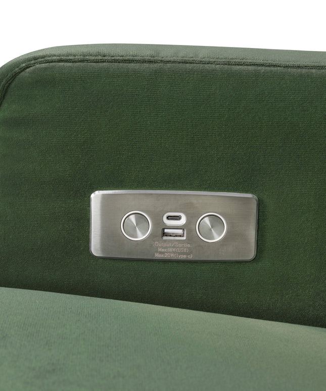 M22286FGVLB,Namesake,Crewe Electronic Swivel Glider Recliner in Forest Green Velvet w/Light Wood Base