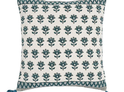 Blossom Blue Printed Cotton Tassel 20" Accent Cushion