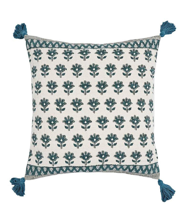 Blossom Blue Printed Cotton Tassel 20" Accent Cushion