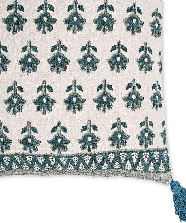 Blossom Blue Printed Cotton Tassel 20" Accent Cushion