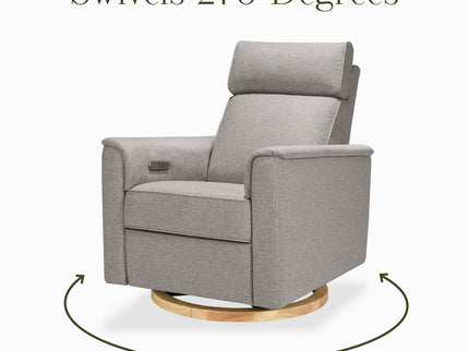 B17186PGEWLB,Monogram by Namesake,Willa Plus Power Glider Recliner w/ Power Headrest in Performance Grey Eco-Weave w/Light Wood Base