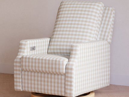 M22286TGHLB,Namesake,Crewe Electronic Swivel Glider Recliner in Tan Gingham with Light Wood Base