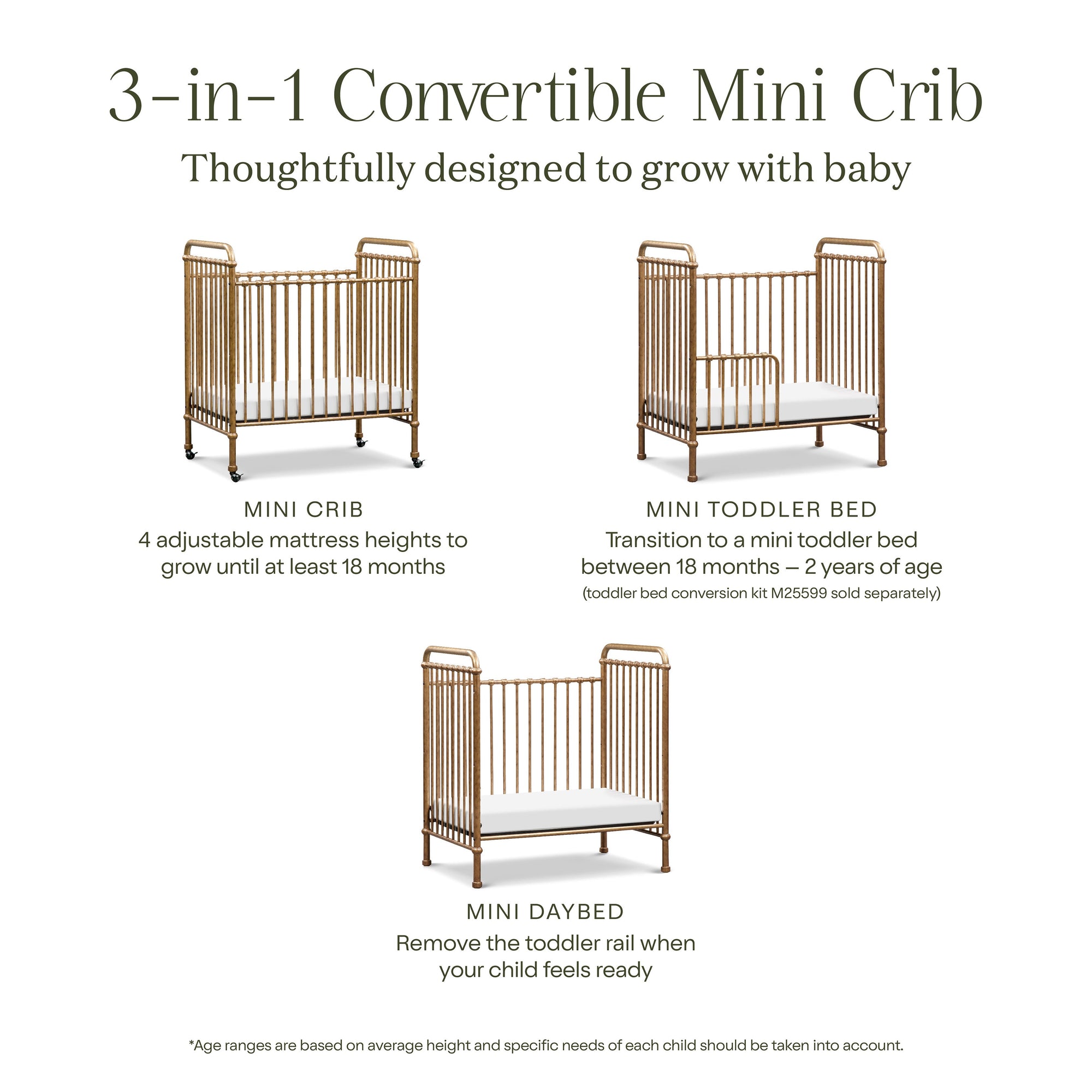 M15598VG,Namesake,Abigail 3-in-1 Convertible Mini Crib in Vintage Gold