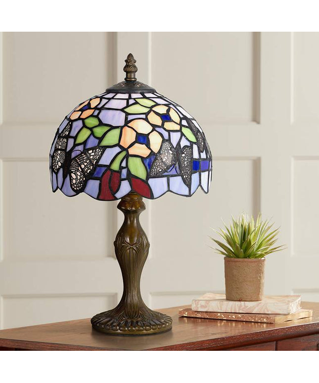 Cal Lighting Butterfly and Flower 14" High Tiffany-Style Accent Lamp