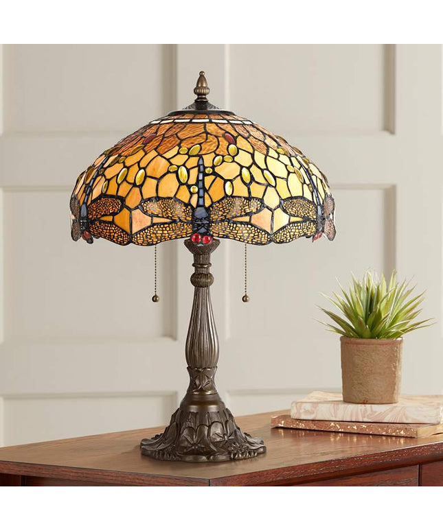 Cal Lighting Dragonfly 23" Brass Amber Tiffany-Style Table Lamp