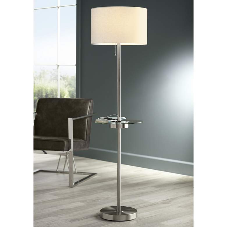 Caper 60 1/2" Nickel Tray Table USB and Outlet Floor Lamp