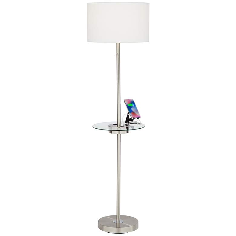 Caper 60 1/2" Nickel Tray Table USB and Outlet Floor Lamp