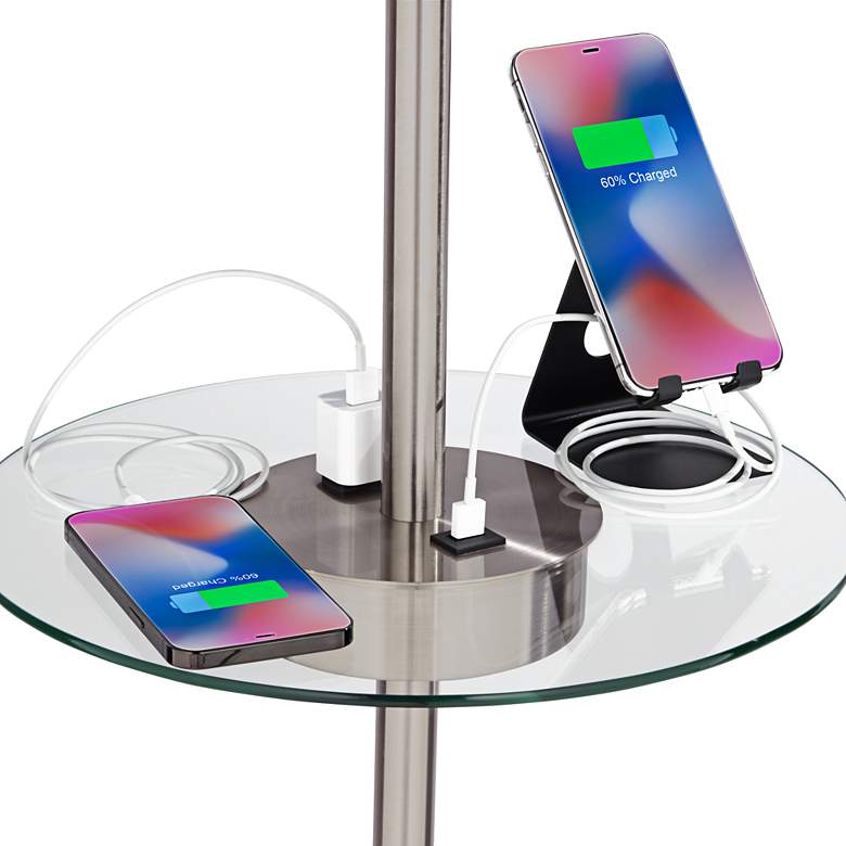 Caper 60 1/2" Nickel Tray Table USB and Outlet Floor Lamp