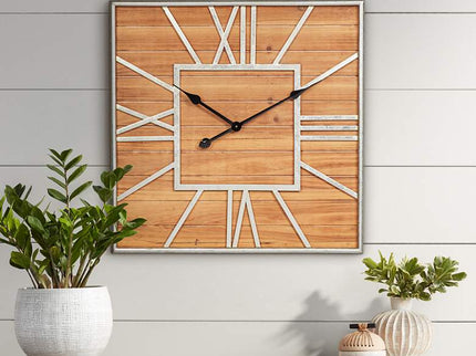 Caser Silver Metal and Brown Wood 23 1/2" Square Wall Clock