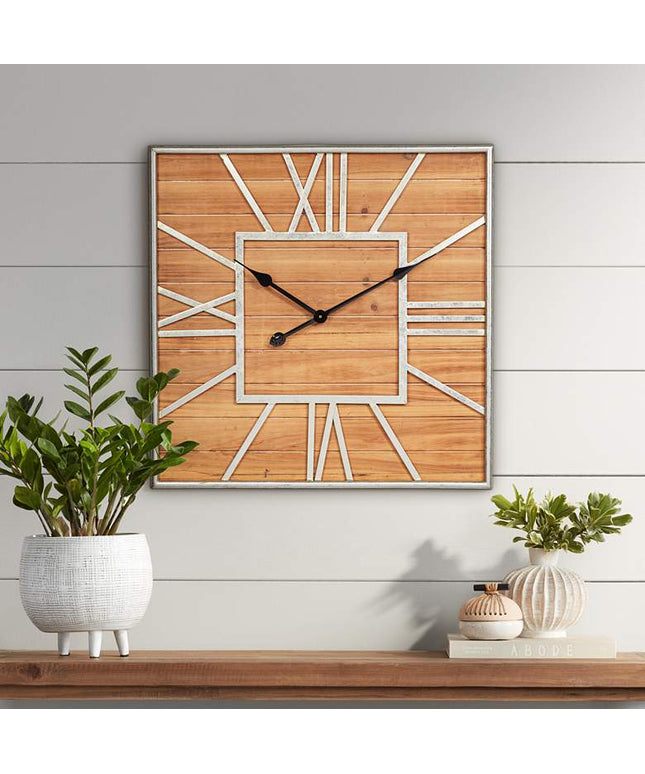 Caser Silver Metal and Brown Wood 23 1/2" Square Wall Clock