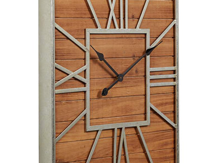 Caser Silver Metal and Brown Wood 23 1/2" Square Wall Clock