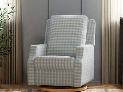 M22287BGHLB,Namesake,Crewe Recliner and Swivel Glider in Blue Gingham with Light Wood Base