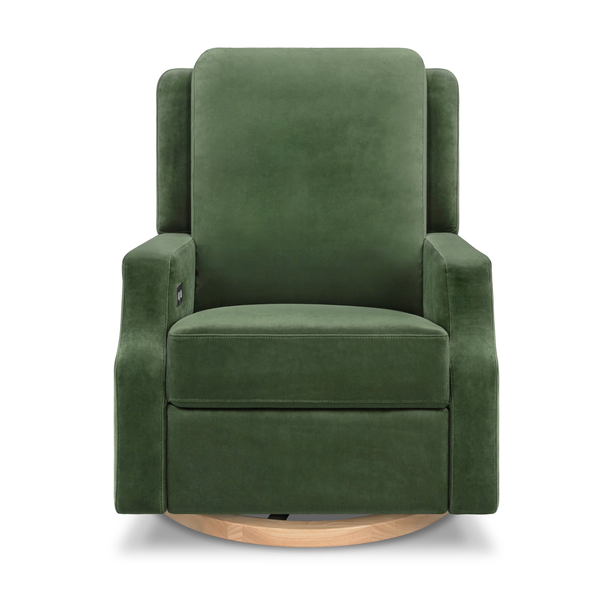 M22286FGVLB,Namesake,Crewe Electronic Swivel Glider Recliner in Forest Green Velvet w/Light Wood Base