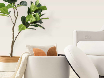 M22885PCMEWLB,Babyletto,Naka Storage Ottoman in Performance Cream Eco-Weave w/ Light wood base