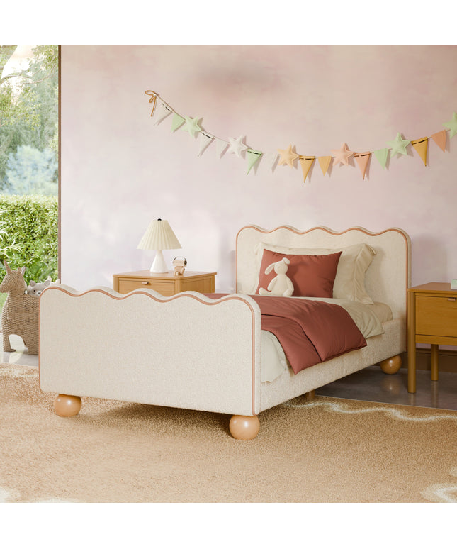 M31369PWBTAN,Babyletto Kids,Rizo Twin Bed in Performance Ivory Boucle w/ VTan Leather Piping