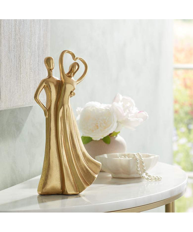 Couple Heart 12" High Shiny Gold Statue