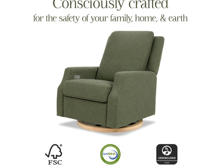 M22286OBLB,Namesake,Crewe Electronic Swivel Glider Recliner in Olive Boucle w/Light Wood Base