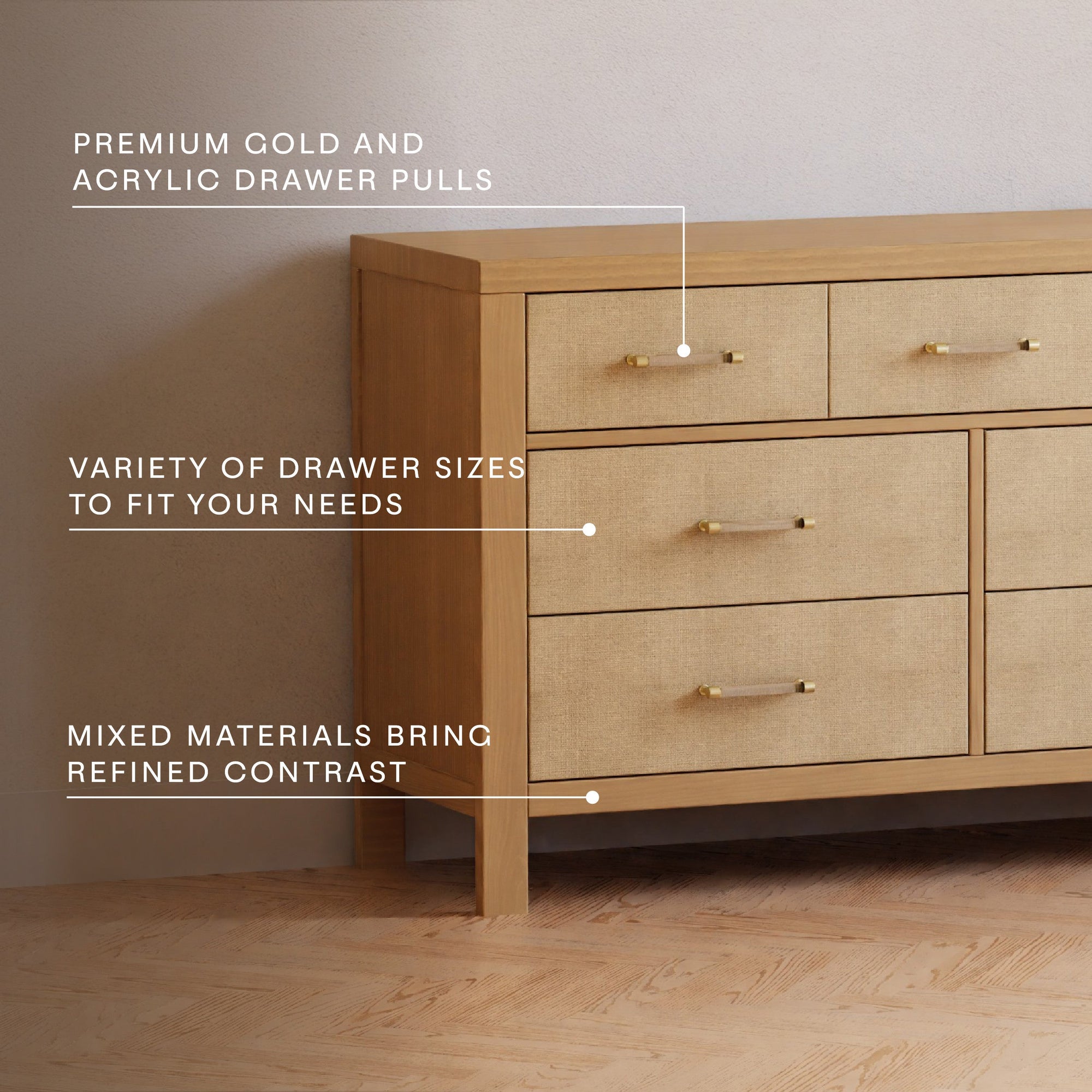 M24816HYPSEW,Namesake,Eloise 7-Drawer Assembled Dresser in Honey & Performance Sand Eco-Weave