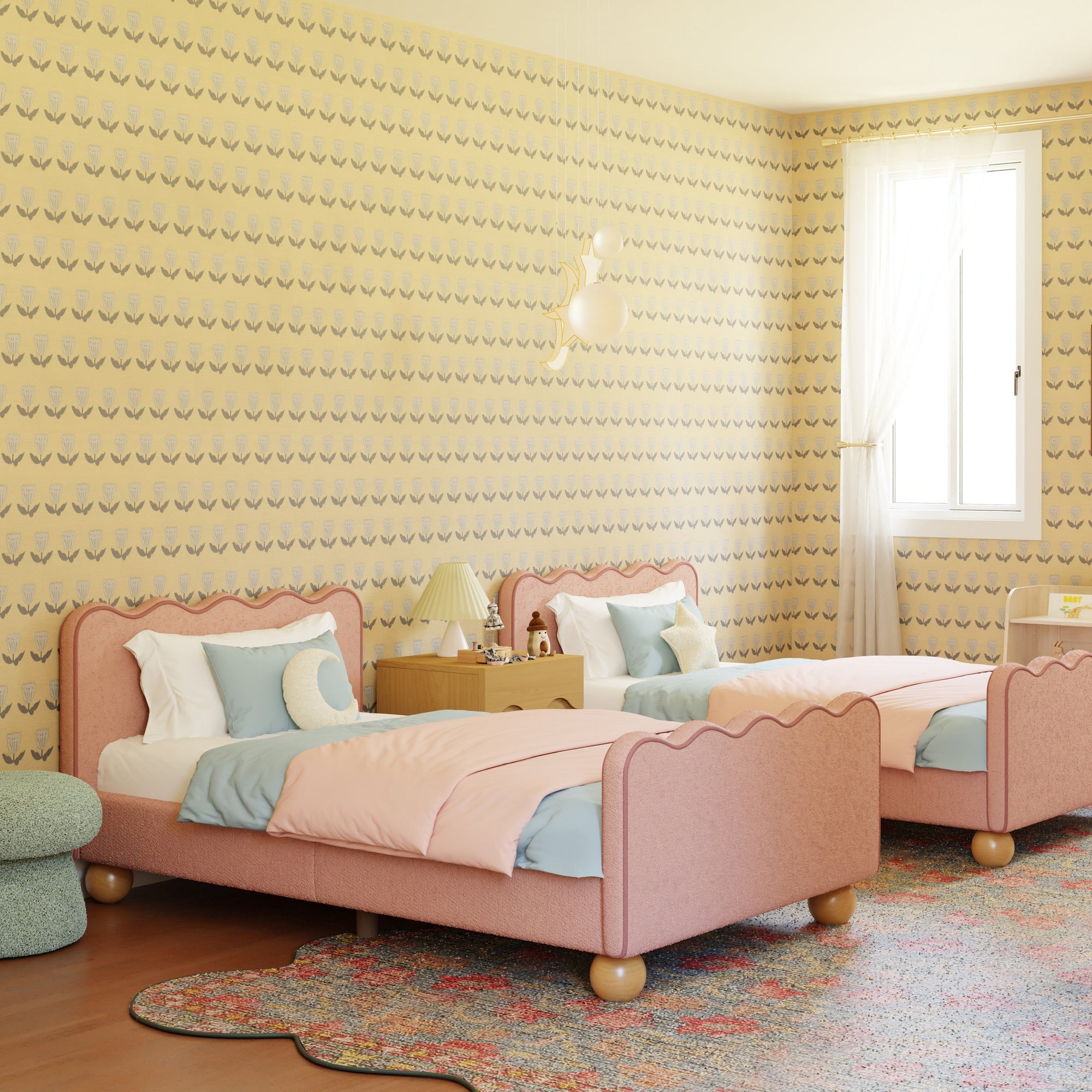 M31369PRSBRY,Babyletto Kids,Rizo Twin Bed in Performance Rose Boucle w/Raspberry Piping