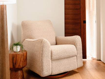 M24087CSGDB,Nursery Works,Sunday Power Recliner and Swivel Glider in Chai Shearling w/ Dark Wood Base