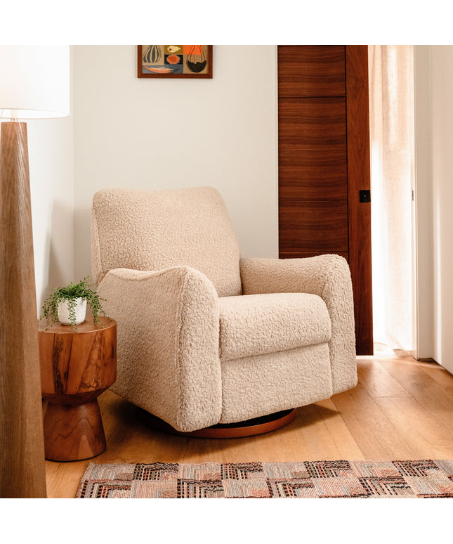 M24087CSGDB,Nursery Works,Sunday Power Recliner and Swivel Glider in Chai Shearling w/ Dark Wood Base