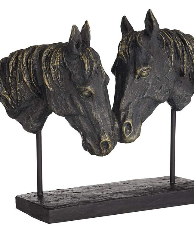 Double Horse Bust 14 1/2" Wide Rough Bronze Statue