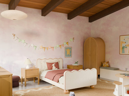 M31369PWBTAN,Babyletto Kids,Rizo Twin Bed in Performance Ivory Boucle w/ VTan Leather Piping