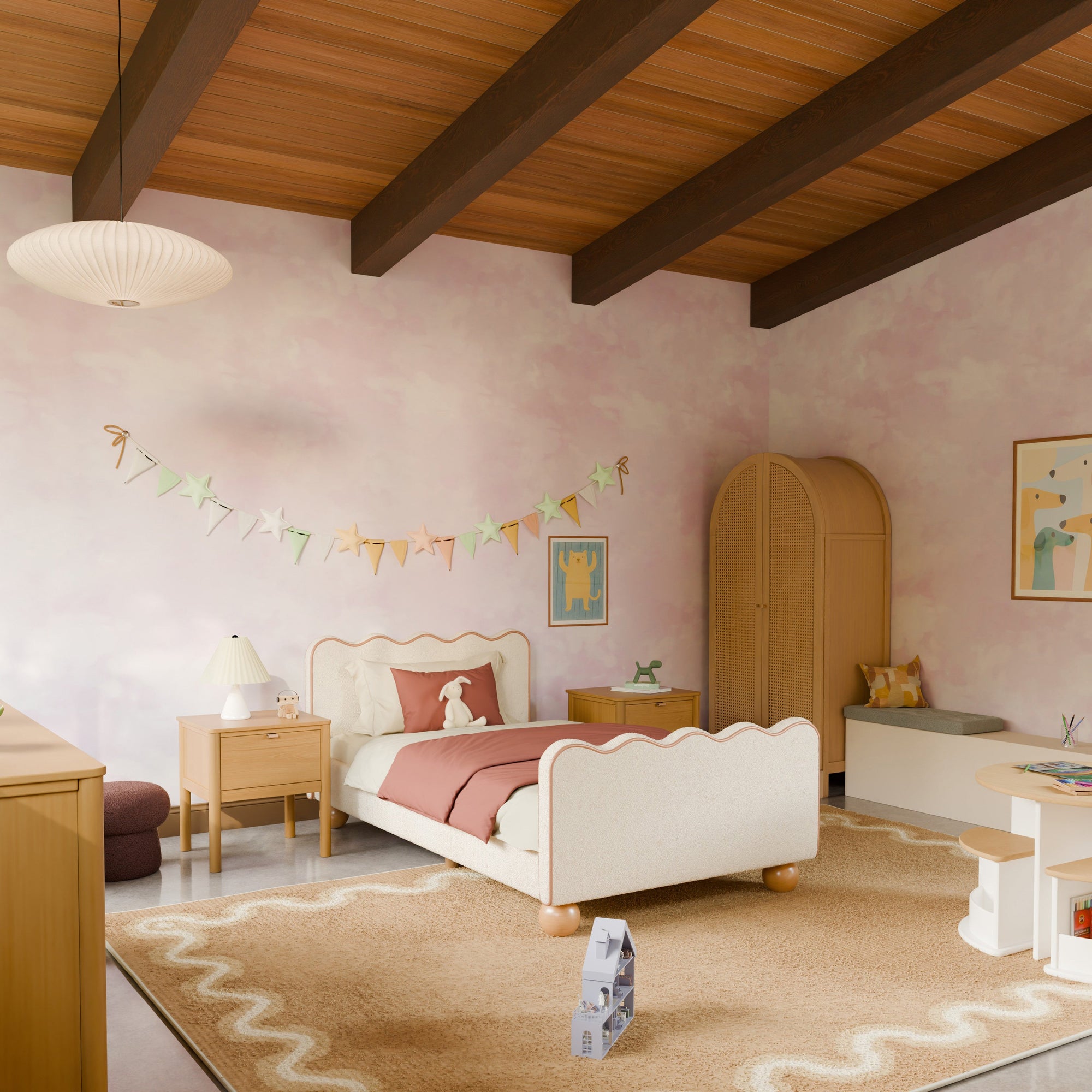 M31369PWBTAN,Babyletto Kids,Rizo Twin Bed in Performance Ivory Boucle w/ VTan Leather Piping