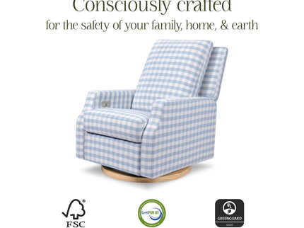 M22286BGHLB,Namesake,Crewe Electronic Swivel Glider Recliner in Blue Gingham with Light Wood Base