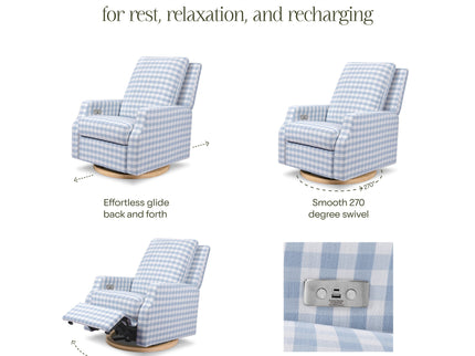 M22286BGHLB,Namesake,Crewe Electronic Swivel Glider Recliner in Blue Gingham with Light Wood Base
