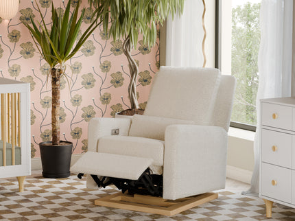 M23085WBLB,Babyletto,Sigi Glider Recliner w/ Electronic Control and USB in Ivory Boucle w/Light Wood Base