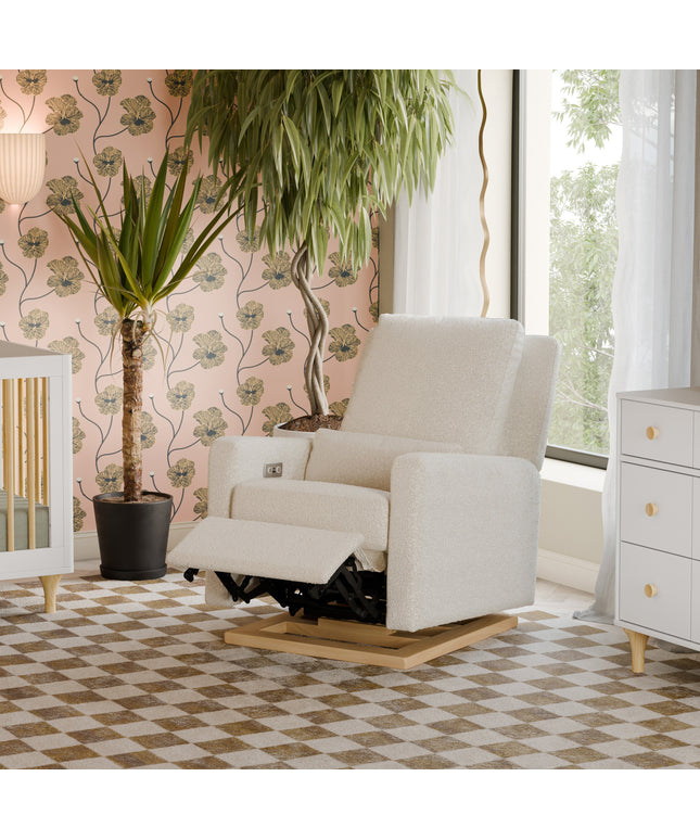M23085WBLB,Babyletto,Sigi Glider Recliner w/ Electronic Control and USB in Ivory Boucle w/Light Wood Base