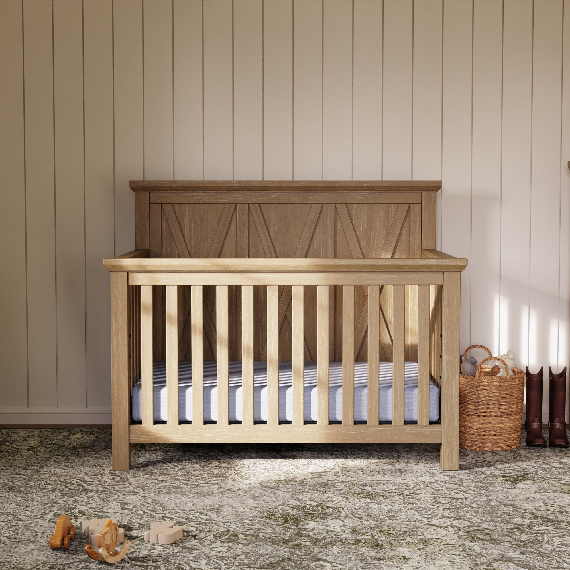 B14501DF,Monogram by Namesake,Emory Farmhouse 4-in-1 Convertible Crib in Driftwood