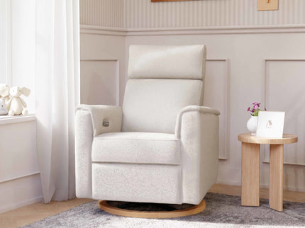 B17186WBLB,Monogram by Namesake,Willa Plus Power Glider Recliner w/ Power Headrest in Ivory Boucle with Light Wood Base