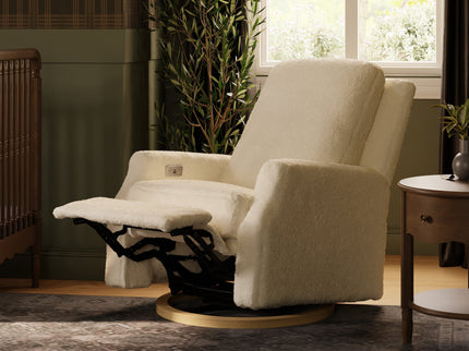 M22286WBLB,Namesake,Crewe Electronic Swivel Glider Recliner in Ivory Boucle w/Light Wood Base