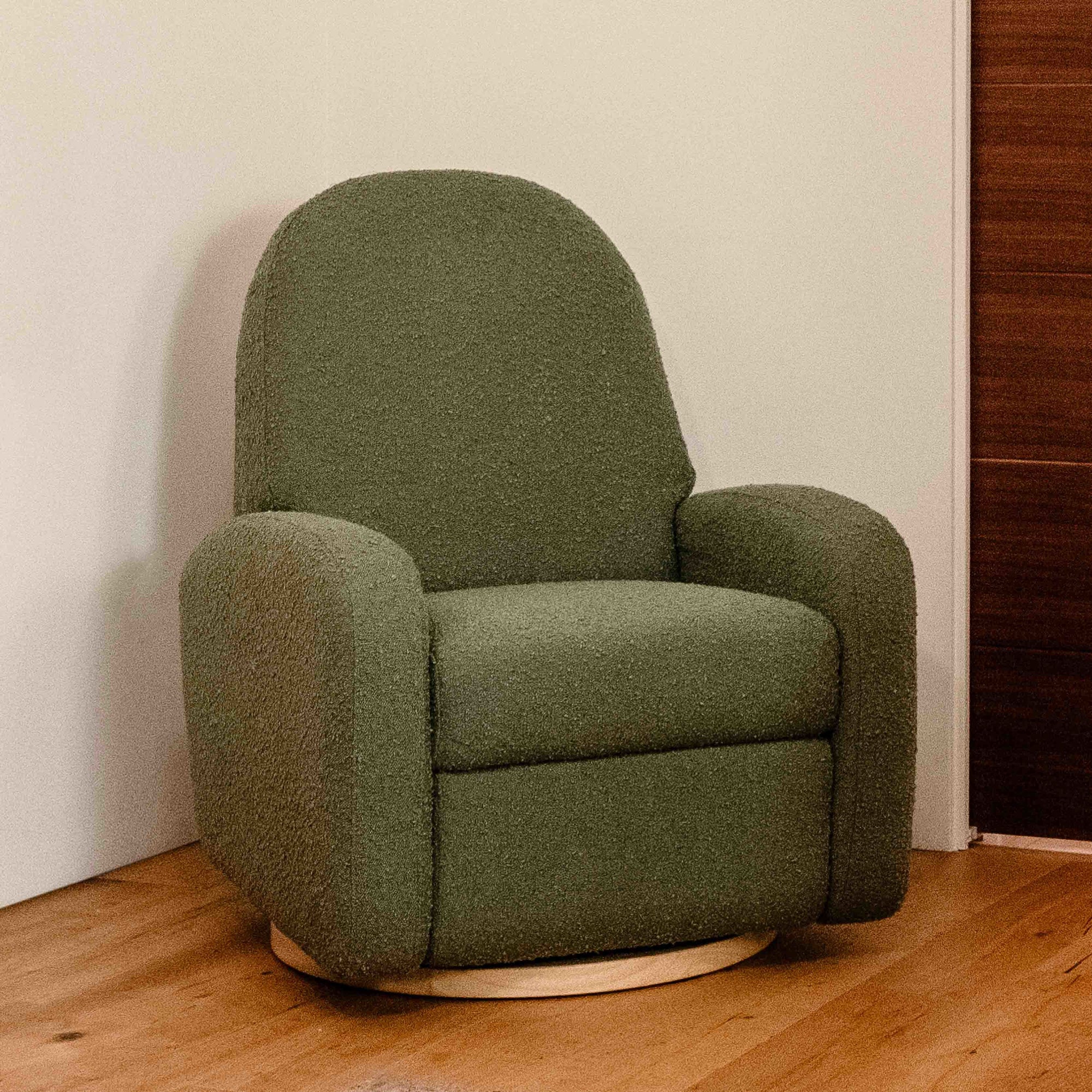 M23188OBLB,Babyletto,Nami Glider Recliner w/ Electronic Control and USB in Olive Boucle w/Light Wood Base