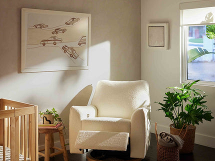 M24087CSHLB,Nursery Works,Sunday Power Recliner and Swivel Glider in Chantilly Fleece w/ Light Wood Base