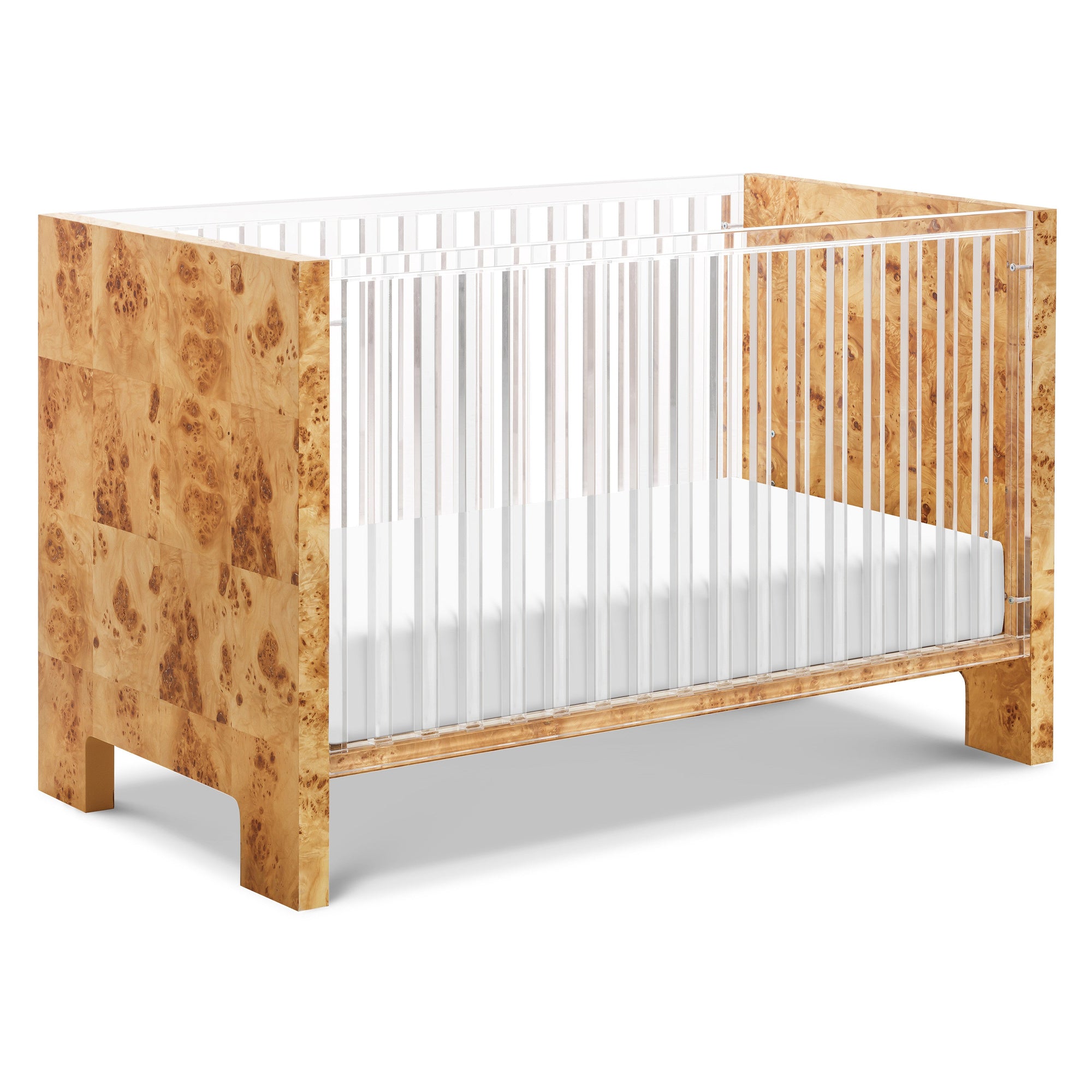 NW26101CKBU,Nursery Works,Altair Crib in Clear Acrylic with Burl